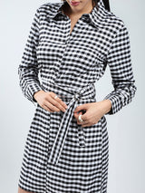 Women's Black and White Rayon Lycra Checks Mini Shirt Collar Dress