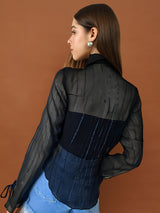 Women's Sleek & Sheer Black Ruffle Dark Baddie Edit Chiffon Shrug