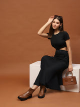 Women's Black Textured Long Skirt - Elegant Flared Maxi Skirt for Party & Casual Wear