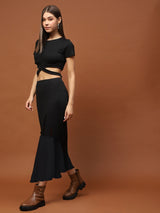Women's Black Textured Long Skirt - Elegant Flared Maxi Skirt for Party & Casual Wear