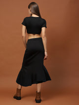 Women's Black Textured Long Skirt - Elegant Flared Maxi Skirt for Party & Casual Wear