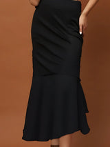 Women's Black Textured Long Skirt - Elegant Flared Maxi Skirt for Party & Casual Wear