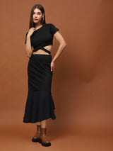 Women's Black Textured Long Skirt - Elegant Flared Maxi Skirt for Party & Casual Wear