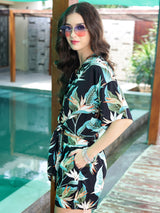 Women's Black Casual Viscose Tie-Front Shirt & Shorts Set