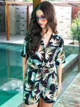 Women's Black Casual Viscose Tie-Front Shirt & Shorts Set