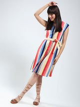 Women's Multicolor Linen Rainbow Knee Length Dress
