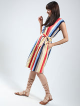 Women's Multicolor Linen Rainbow Knee Length Dress