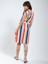 Women's Multicolor Linen Rainbow Knee Length Dress