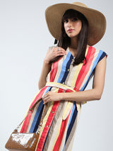 Women's Multicolor Linen Rainbow Knee Length Dress