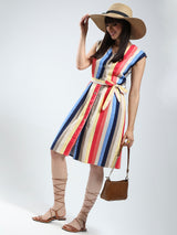 Women's Multicolor Linen Rainbow Knee Length Dress