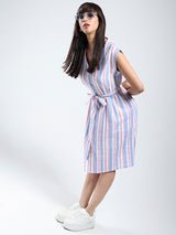 Women's White Linen Lycra Stripe Knee Length Dress