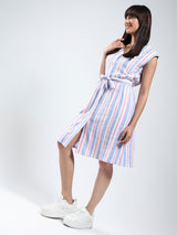 Women's White Linen Lycra Stripe Knee Length Dress