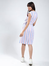 Women's White Linen Lycra Stripe Knee Length Dress