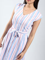Women's White Linen Lycra Stripe Knee Length Dress