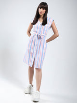 Women's White Linen Lycra Stripe Knee Length Dress