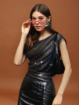 Women's Black Sequin One Shoulder Stylish Party Wear Shimmer Blouse Trendy Off Shoulder Evening Top