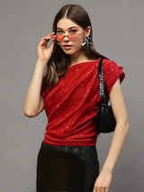 Women's Red Sequin One Shoulder Stylish Party Wear Trendy Off Shoulder Evening Top