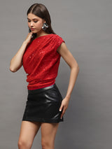 Women's Red Sequin One Shoulder Stylish Party Wear Trendy Off Shoulder Evening Top