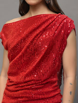 Women's Red Sequin One Shoulder Stylish Party Wear Trendy Off Shoulder Evening Top