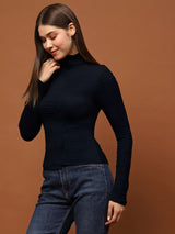 Women's Black High Neck Full Sleeve Top - Stylish Ribbed Stretch Crop Tshirt