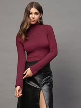 Women's Maroon High Neck Full Sleeve Top - Stylish Ribbed Stretch Crop Tshirt