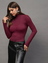 Women's Maroon High Neck Full Sleeve Top - Stylish Ribbed Stretch Crop Tshirt