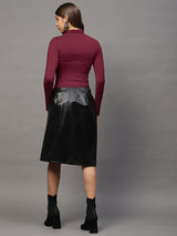 Women's Maroon High Neck Full Sleeve Top - Stylish Ribbed Stretch Crop Tshirt