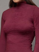 Women's Maroon High Neck Full Sleeve Top - Stylish Ribbed Stretch Crop Tshirt