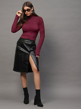 Women's Maroon High Neck Full Sleeve Top - Stylish Ribbed Stretch Crop Tshirt
