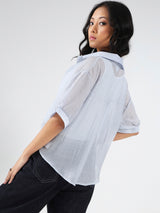 Women's Blue Casual Solid Partywear Studded Oversized Shirt with Tank Top and Necklace