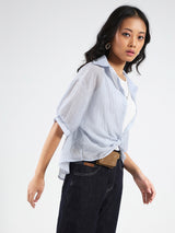 Women's Blue Casual Solid Partywear Studded Oversized Shirt with Tank Top and Necklace