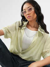 Women's Lime Green Casual Solid Partywear Studded Oversized Shirt with Tank Top and Necklace