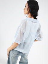 Women's Blue Casual Solid Partywear Oversized Shirt with Tank Top and Necklace