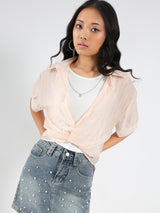 Women's Peach Casual Solid Partywear Oversized Shirt with Tank Top and Necklace