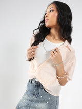 Women's Peach Casual Solid Partywear Oversized Shirt with Tank Top and Necklace