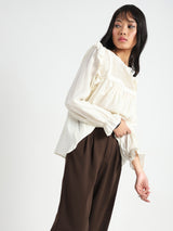 Women's Off White Casual Solid Pleated Yoke Ruffle Top