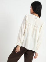 Women's Off White Casual Solid Pleated Yoke Ruffle Top