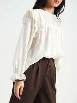 Women's Off White Casual Solid Pleated Yoke Ruffle Top