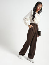 Women's Off White Casual Solid Pleated Yoke Ruffle Top