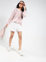 Women's Pink Casual Solid Boho Chic Top with Lace and Tassel Tie up