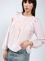 Women's Pink Casual Solid Cotton Nylon Ruffled Button-Front Top