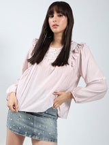 Women's Pink Casual Solid Cotton Nylon Ruffled Button-Front Top