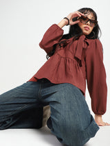 Women's Rust Casual Solid Bow Tie Peplum Stylish Top