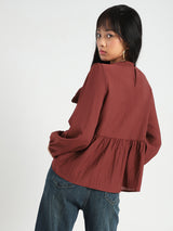 Women's Rust Casual Solid Bow Tie Peplum Stylish Top