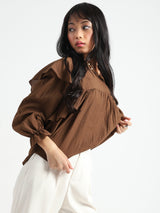 Women's Brown Casual Solid Cotton Nylon Ruffle Top