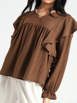 Women's Brown Casual Solid Cotton Nylon Ruffle Top