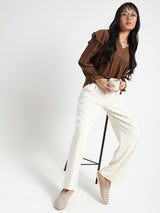 Women's Brown Casual Solid Cotton Nylon Ruffle Top