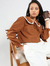 Women's Brown Casual Solid Full Sleeves Shirt with Floral Lace