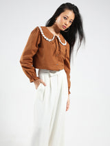 Women's Brown Casual Solid Full Sleeves Shirt with Floral Lace