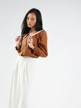 Women's Brown Casual Solid Full Sleeves Shirt with Floral Lace